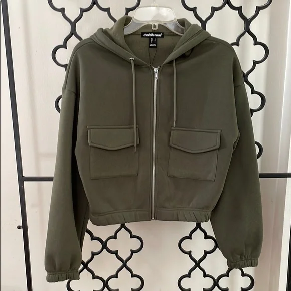 NWT Olive Cropped Full Zip Hoodie Sweatshirt Jacket - Picture 2 of 9